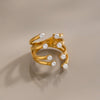 Women's Geometric Layered Pearl Open Ring In Stainless Steel With Gold Plated Finish Adjustable Jewelry