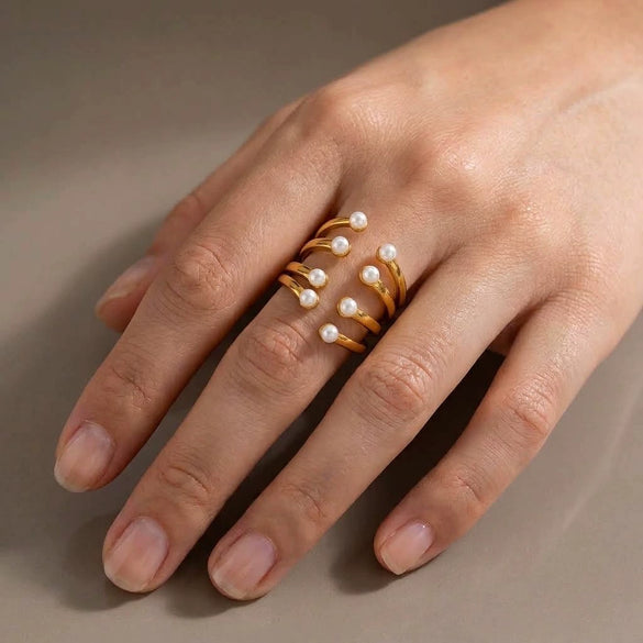 Women's Geometric Layered Pearl Open Ring In Stainless Steel With Gold Plated Finish Adjustable Jewelry