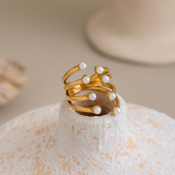 Women's Geometric Layered Pearl Open Ring In Stainless Steel With Gold Plated Finish Adjustable Jewelry