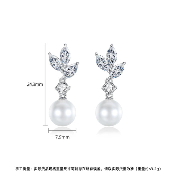 Women's Geometric Leaf Earrings With Pearl And Horse Eye Zircon Accents Electroplated Copper Fashion Jewelry