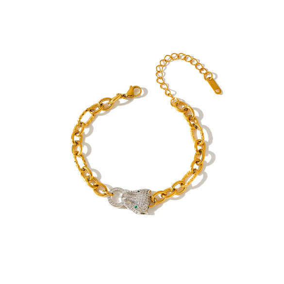 Women's Geometric Leopard Pendant Bracelet In Stainless Steel With Rhinestones And 18K Gold Vacuum Plating