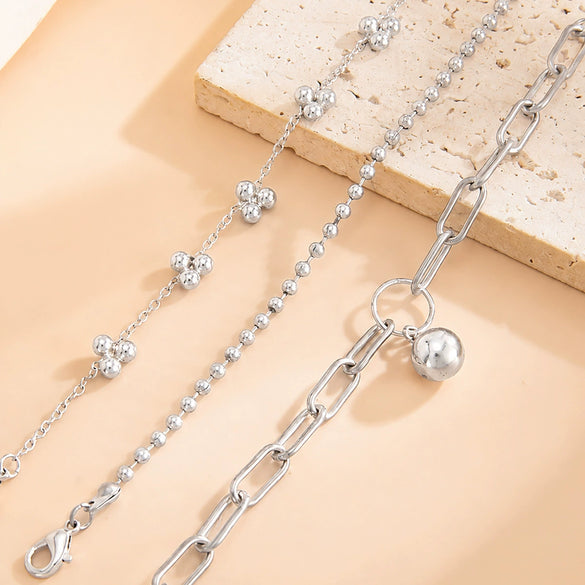 Women's Geometric Metal Pendant Bracelet Set With Round Beads Thin Chains Plated Stackable Jewelry