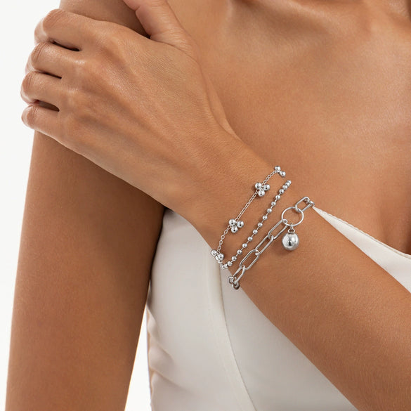Women's Geometric Metal Pendant Bracelet Set With Round Beads Thin Chains Plated Stackable Jewelry