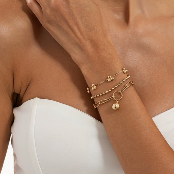 Women's Geometric Metal Pendant Bracelet Set With Round Beads Thin Chains Plated Stackable Jewelry