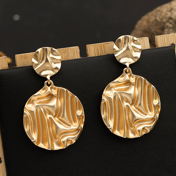 Women's Geometric Metal Statement Drop Earrings With Round Pattern And Minimalist Design
