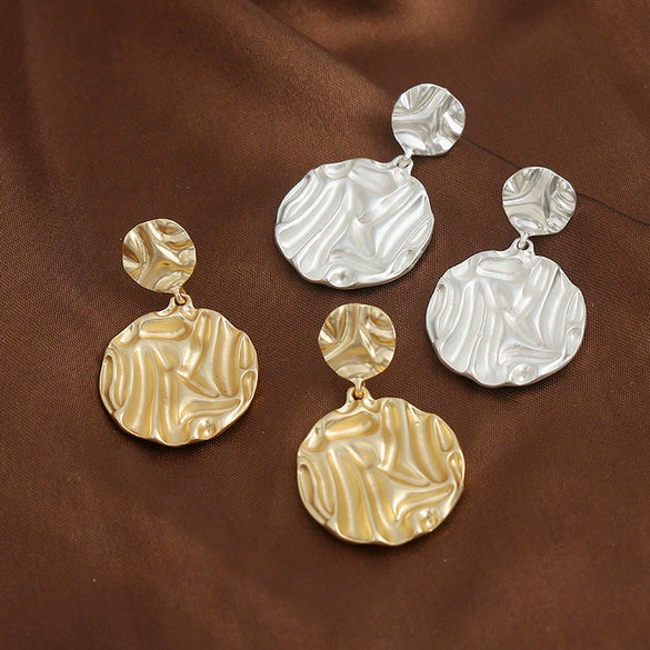 Women's Geometric Metal Statement Drop Earrings With Round Pattern And Minimalist Design