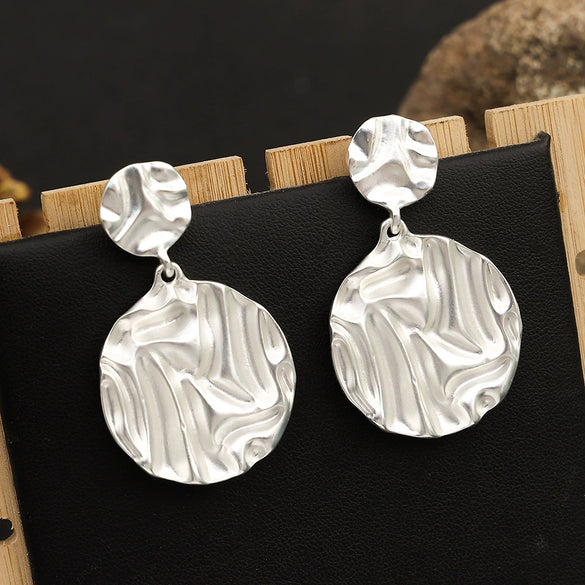 Women's Geometric Metal Statement Drop Earrings With Round Pattern And Minimalist Design