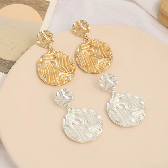 Women's Geometric Metal Statement Drop Earrings With Round Pattern And Minimalist Design