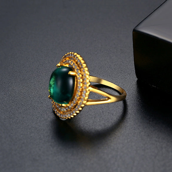 Women's Geometric Minimalist Copper Ring With Zircon And Chrysoprase Cabochon Detail