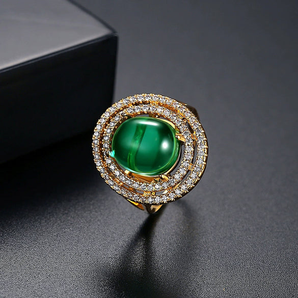 Women's Geometric Minimalist Copper Ring With Zircon And Chrysoprase Cabochon Detail