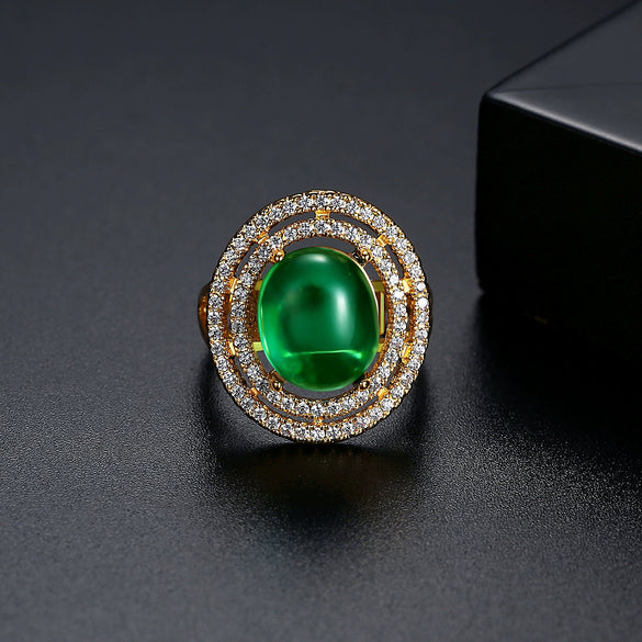 Women's Geometric Minimalist Copper Ring With Zircon And Chrysoprase Cabochon Detail