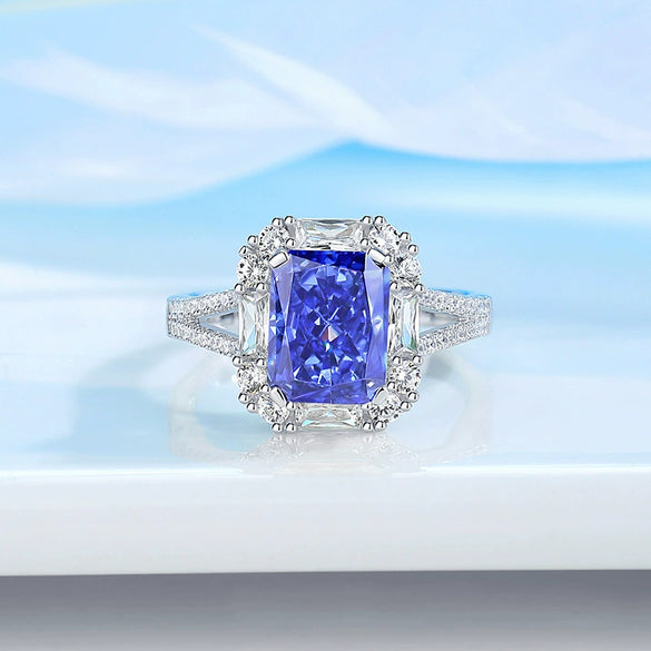 Women's Geometric Minimalist 925 Sterling Silver Ring With Tanzan Gem And High Carbon Diamond