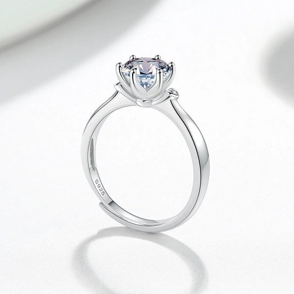 Women's Geometric Moissanite Ring In 925 Silver With Classic Six Prong Setting Electroplated Adjustable Open Band