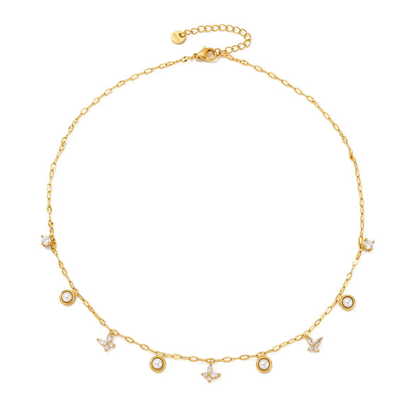 Women's Geometric Moon Butterfly And Water Droplet Necklace With Cubic Zirconia Rhinestones And Pearls In Electroplated Stainless Steel