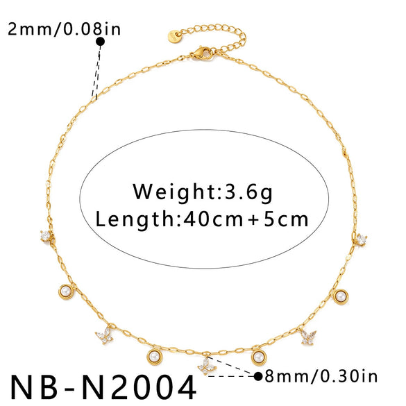 Women's Geometric Moon Butterfly And Water Droplet Necklace With Cubic Zirconia Rhinestones And Pearls In Electroplated Stainless Steel