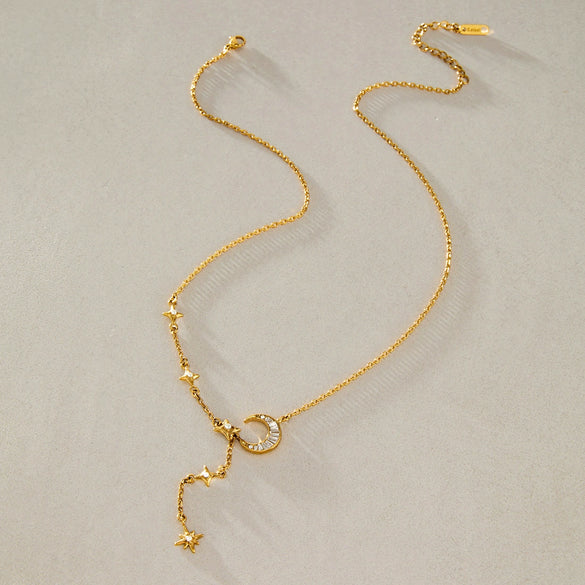 Women's Geometric Moon Pendant Ychain Necklace In Stainless Steel With Zircon And Pvd Gold Plating