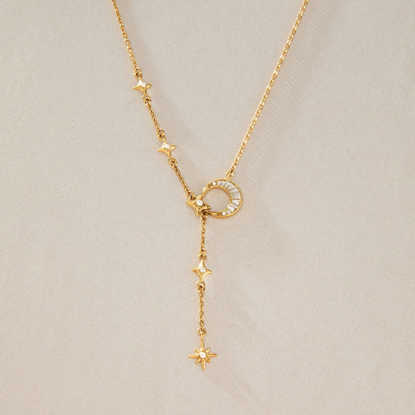 Women's Geometric Moon Pendant Ychain Necklace In Stainless Steel With Zircon And Pvd Gold Plating