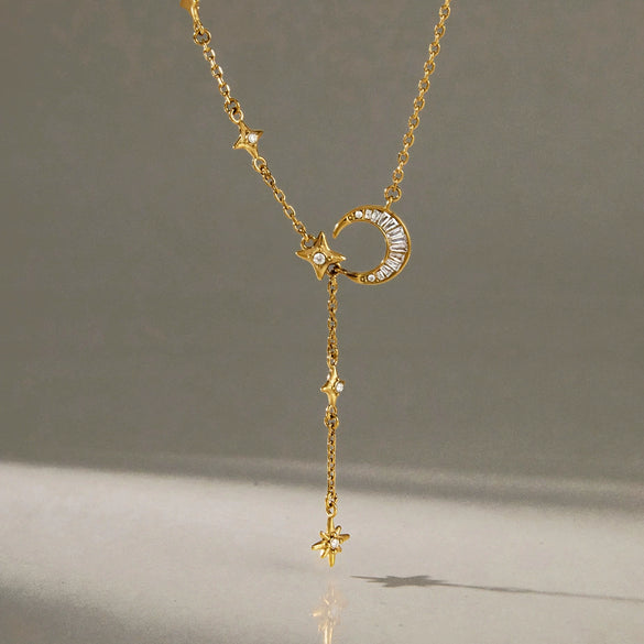 Women's Geometric Moon Pendant Ychain Necklace In Stainless Steel With Zircon And Pvd Gold Plating