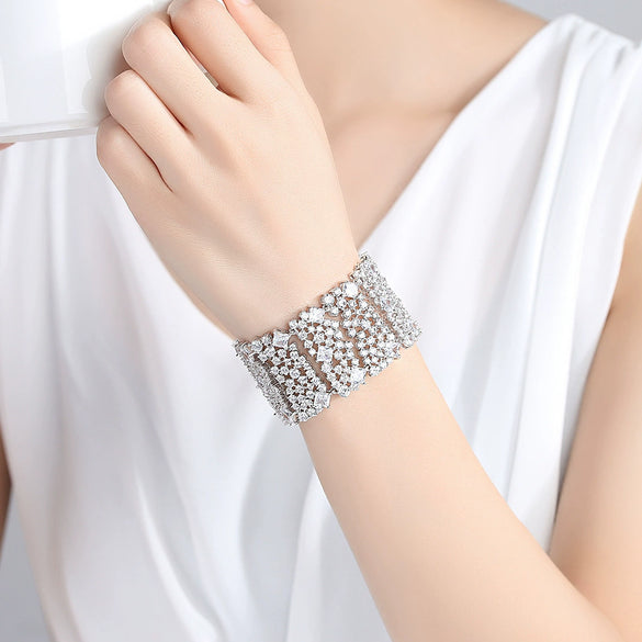 Women's Geometric Multilayer Copper Bracelet With Zircon Accents Wide Electroplated Statement Jewelry