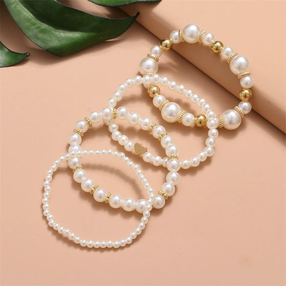 Women's Geometric Multilayer Imitation Pearl Bracelet Set With Plated Details And Vintage Style Wholesale Jewelry