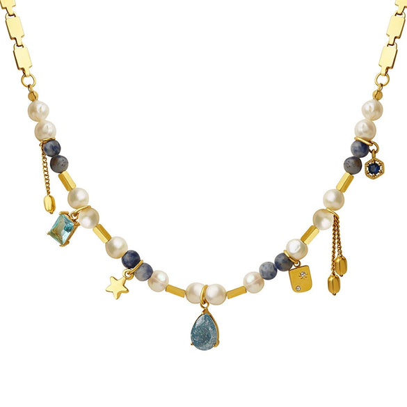Women's Geometric Natural Stone Freshwater Pearl 316L Stainless Steel Pendant Necklace With Copper Chain And Electroplating Treatment