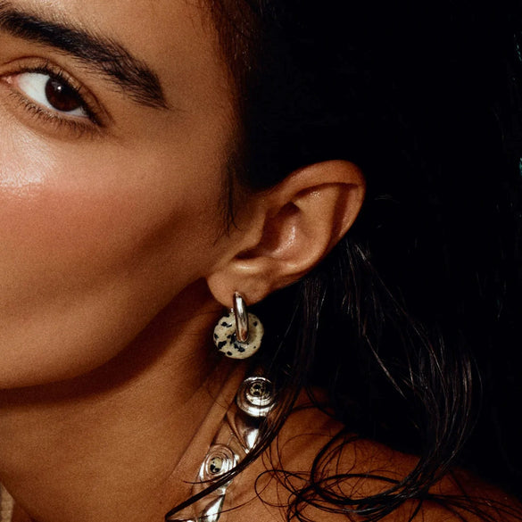 Women's Geometric Natural Stone Hoop Earrings In Stainless Steel With Plated Finish And Sophisticated Style