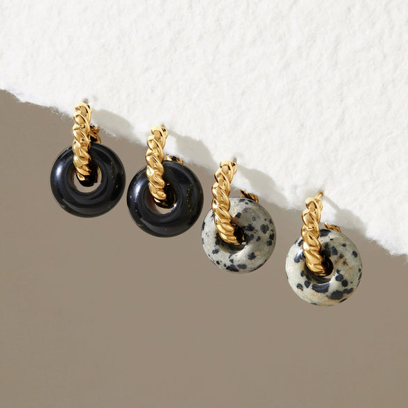 Women's Geometric Natural Stone Hoop Earrings In Stainless Steel With Plated Finish And Sophisticated Style