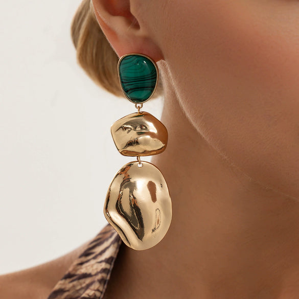 Women’s Geometric Ombre Resin Statement Earrings With Irregular Hammered Glossy Metal Finish And Steel Posts