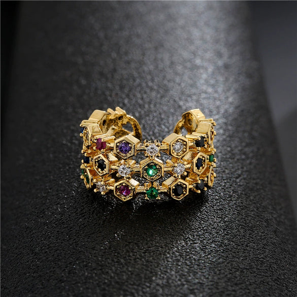 Women's Geometric Open Ring In Copper With Microinlaid Zircon And Goldplated Finish
