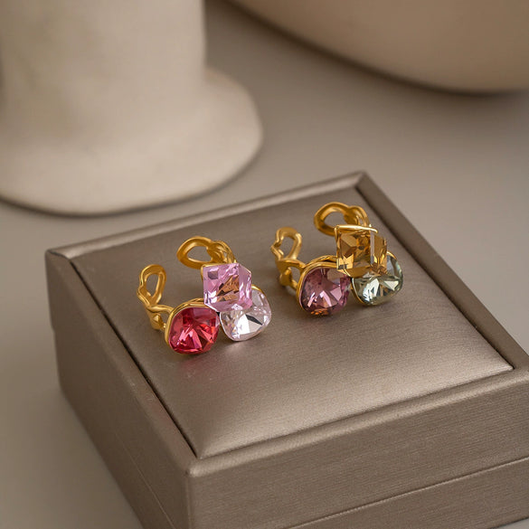 Women's Geometric Open Ring In Goldplated Stainless Steel With Colorful Crystalset Glass And Bold Statement Design