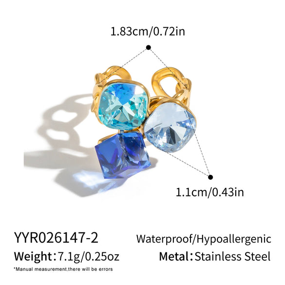 Women's Geometric Open Ring In Goldplated Stainless Steel With Colorful Crystalset Glass And Bold Statement Design