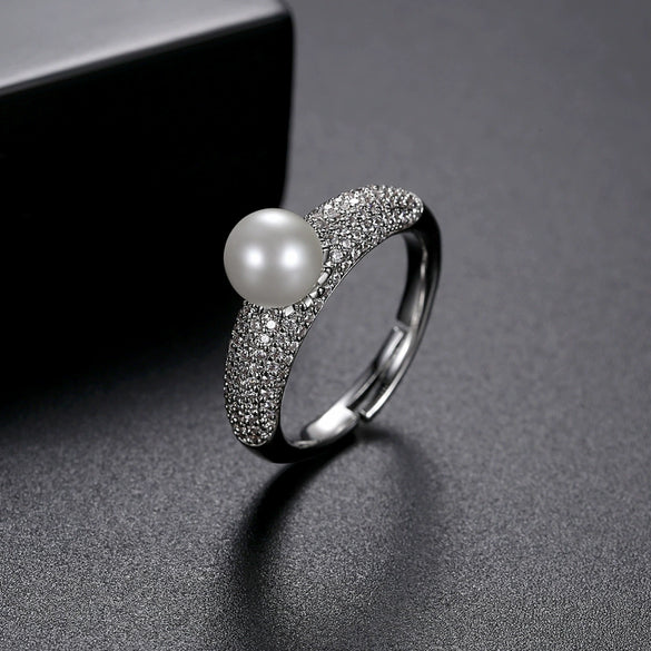 Women's Geometric Open Ring With Pearl And Zircon Accents Electroplated Copper Adjustable Fashion Jewelry