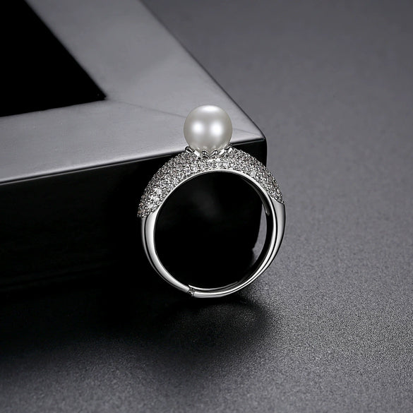 Women's Geometric Open Ring With Pearl And Zircon Accents Electroplated Copper Adjustable Fashion Jewelry