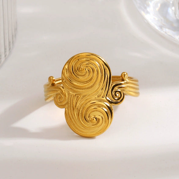Women's Geometric Open Stainless Steel Ring With Swirl Line Texture And Electroplated Finish Fashion Jewelry