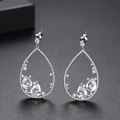 Women's Geometric Oval Drop Earrings With Microinlaid Zircon Electroplated Copper Long Dangle Jewelry