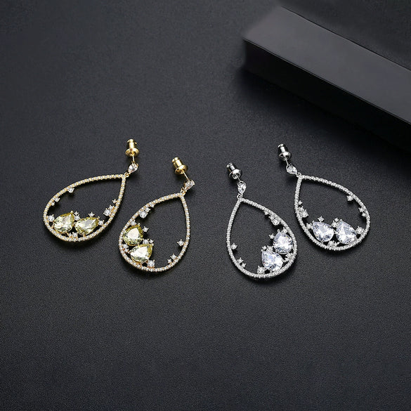 Women's Geometric Oval Drop Earrings With Microinlaid Zircon Electroplated Copper Long Dangle Jewelry