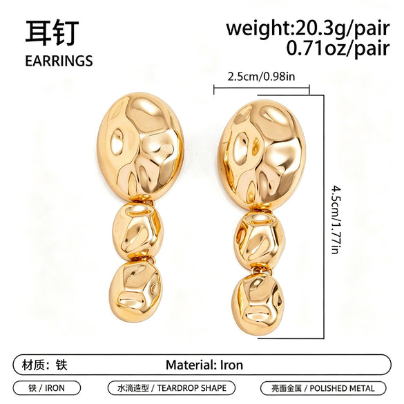 Women's Geometric Oval Hammered Patchwork Drop Earrings Glossy Pleated Iron Design With Electroplated Finish And Steel Posts