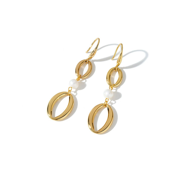 Women's Geometric Oval Stainless Steel Earrings With Pearl Accents And 18K Vacuum Electroplated Finish