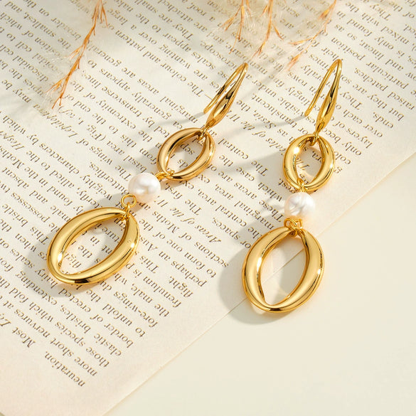 Women's Geometric Oval Stainless Steel Earrings With Pearl Accents And 18K Vacuum Electroplated Finish