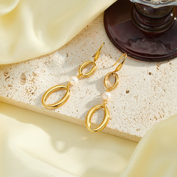 Women's Geometric Oval Stainless Steel Earrings With Pearl Accents And 18K Vacuum Electroplated Finish