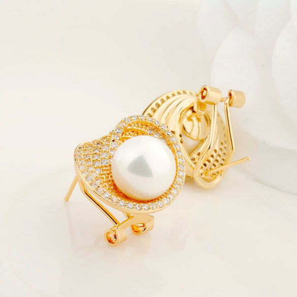 Women's Geometric Pearl And Zircon Earrings With Shell Bead Accents Electroplated Copper Minimalist Fashion Jewelry