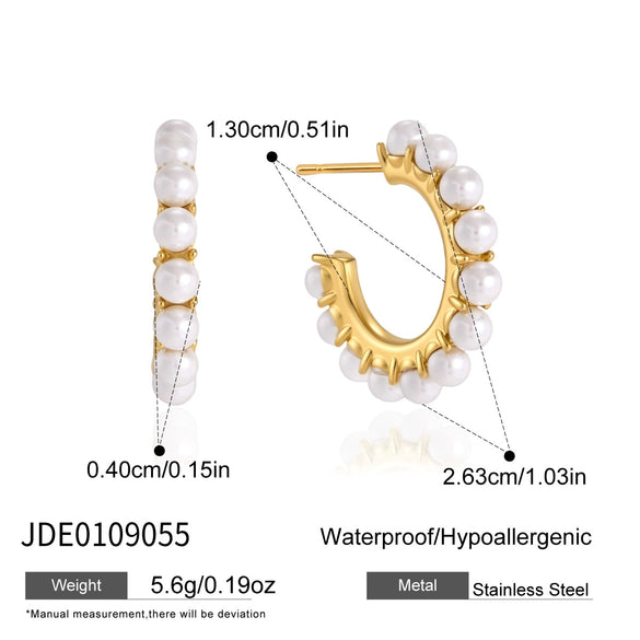 Women's Geometric Pearl Cshaped Stud Earrings In Stainless Steel With Titanium Steel Posts And Vacuum Pvd Gold Plating