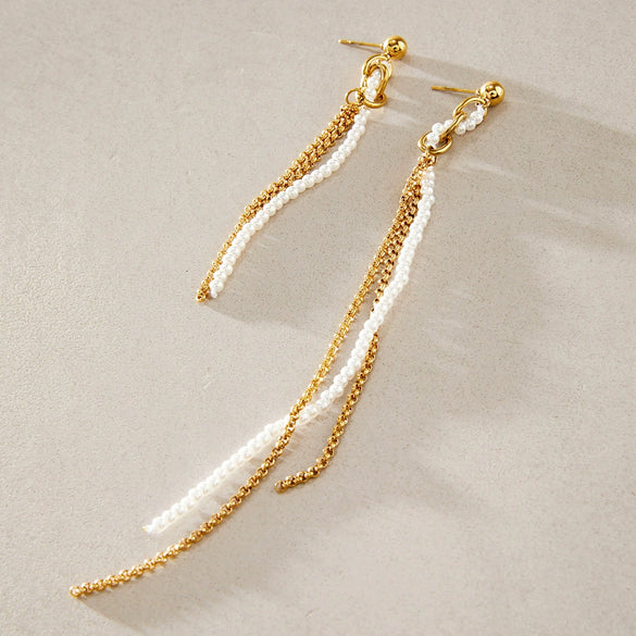 Women's Geometric Pearl Drop Earrings With Multilayer Gradient Long Tassels Stainless Steel And Titanium Steel Posts With Pvd Gold Plating