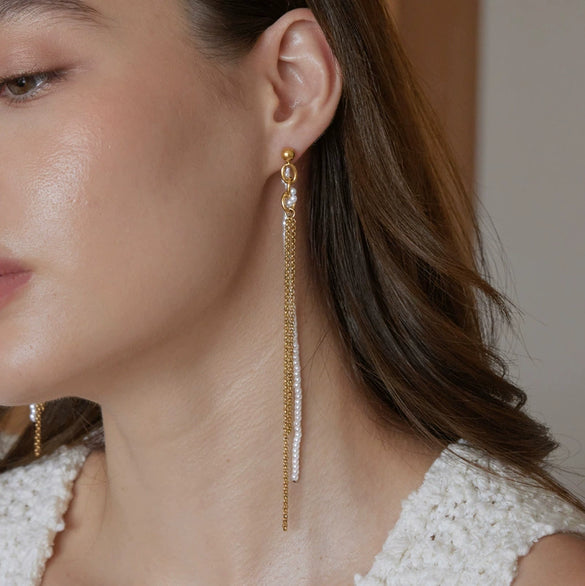 Women's Geometric Pearl Drop Earrings With Multilayer Gradient Long Tassels Stainless Steel And Titanium Steel Posts With Pvd Gold Plating