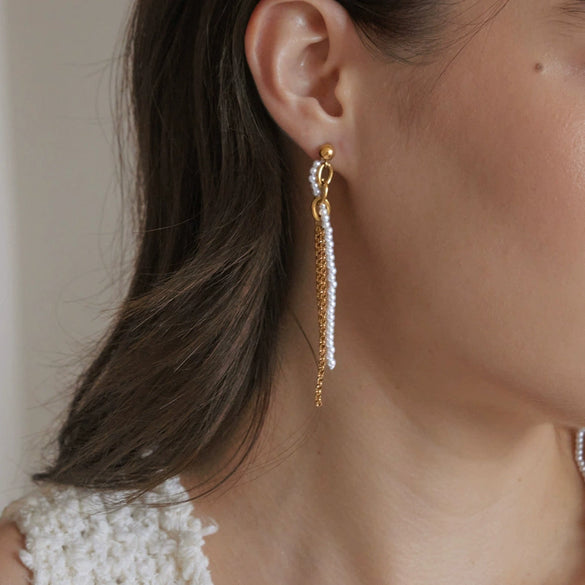 Women's Geometric Pearl Drop Earrings With Multilayer Gradient Long Tassels Stainless Steel And Titanium Steel Posts With Pvd Gold Plating