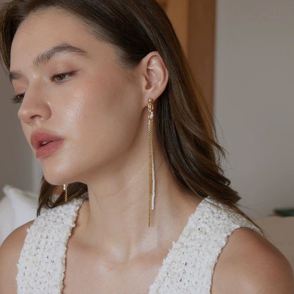 Women's Geometric Pearl Drop Earrings With Multilayer Gradient Long Tassels Stainless Steel And Titanium Steel Posts With Pvd Gold Plating