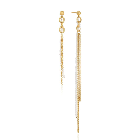 Women's Geometric Pearl Drop Earrings With Multilayer Gradient Long Tassels Stainless Steel And Titanium Steel Posts With Pvd Gold Plating