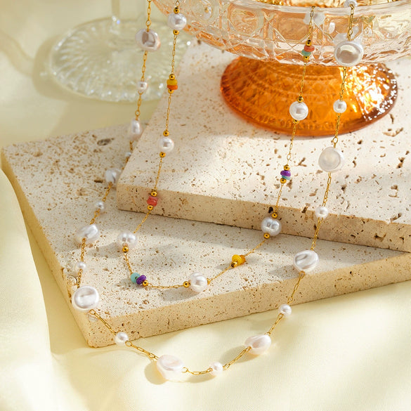 Women's Geometric Pearl Embellished Gold Plated Stainless Steel Necklace With Regular Chain