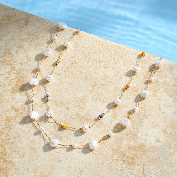 Women's Geometric Pearl Embellished Gold Plated Stainless Steel Necklace With Regular Chain