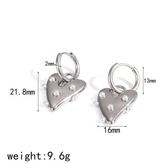 Women's Geometric Pearl Heart Shaped Stainless Steel Hoop Earrings With Pvd Real Gold Plated Finish And Unique Niche Style Design